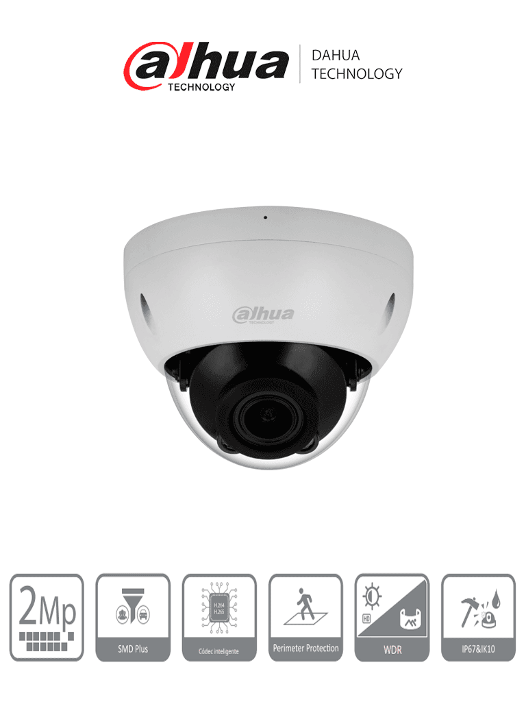 DAHUA DH-IPC-HDBW2241R-ZS Cámara Domo IP de 2 MP/ Lente Mot 2.7 mm–13.5 mm/ H.265+/ IR de 40 Mts/ WDR Real/ Prtección Perimetral/ Videoanaliticos/ SMD Plus/ Ranura para MicroSD/ IP67/ IK10/ PoE - DAHUA - Domo - DHT0040115