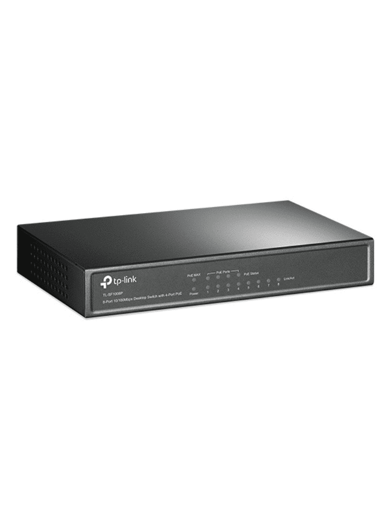 TP-LINK TL-SF1008P -Switch PoE no administrable con 8 puertos Fast Ethernet, que incluye 4 puertos PoE AF y AT. Ofrece un presupuesto PoE de hasta 66W y soporta modo extendido para conexiones de hasta 250m de longitud. - vista 2