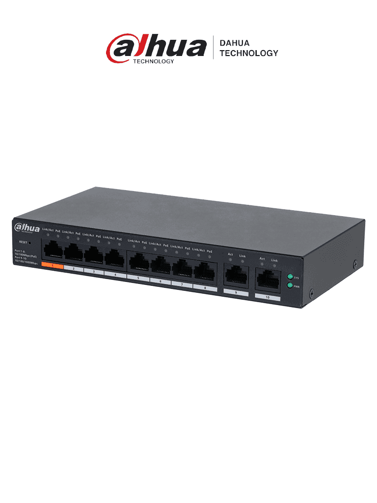 DAHUA DH-CS4010-8ET-60 Switch Poe de 8 Puertos / Poe Inteligente/ 60Watts Totales/ 2 Puertos uplink/ Switching 4.8Gbps/ Protección de Descargas/ DoLynk Care/ - DAHUA - Switches POE - DHT3720053