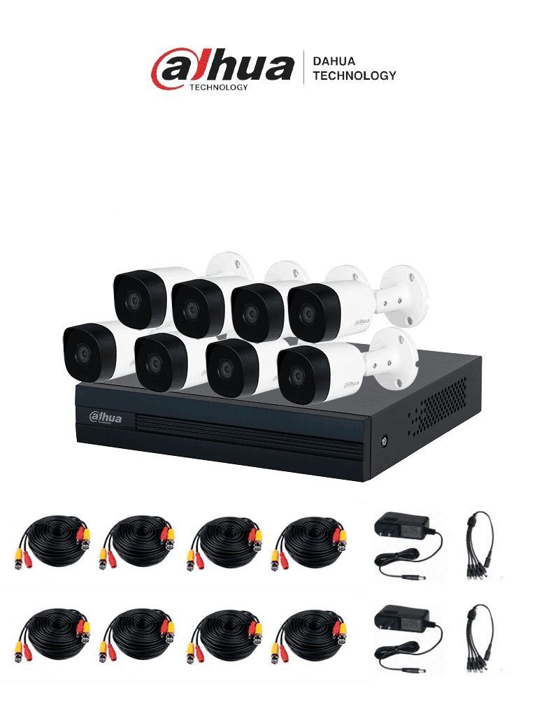 DAHUA KITXVR1B08- I+8-B2A21-  Kit de 8 Canales, DVR Cooper-I WizSense con IA y H.265+, 8 cámaras B2A21 de 1080p metálicas, soporte para hasta 10 canales IP, 4 canales con SMD Plus para detección de humanos y vehículos, y accesorios incluidos. - DAHUA - Paquetes 8 Canales - DHT0260003