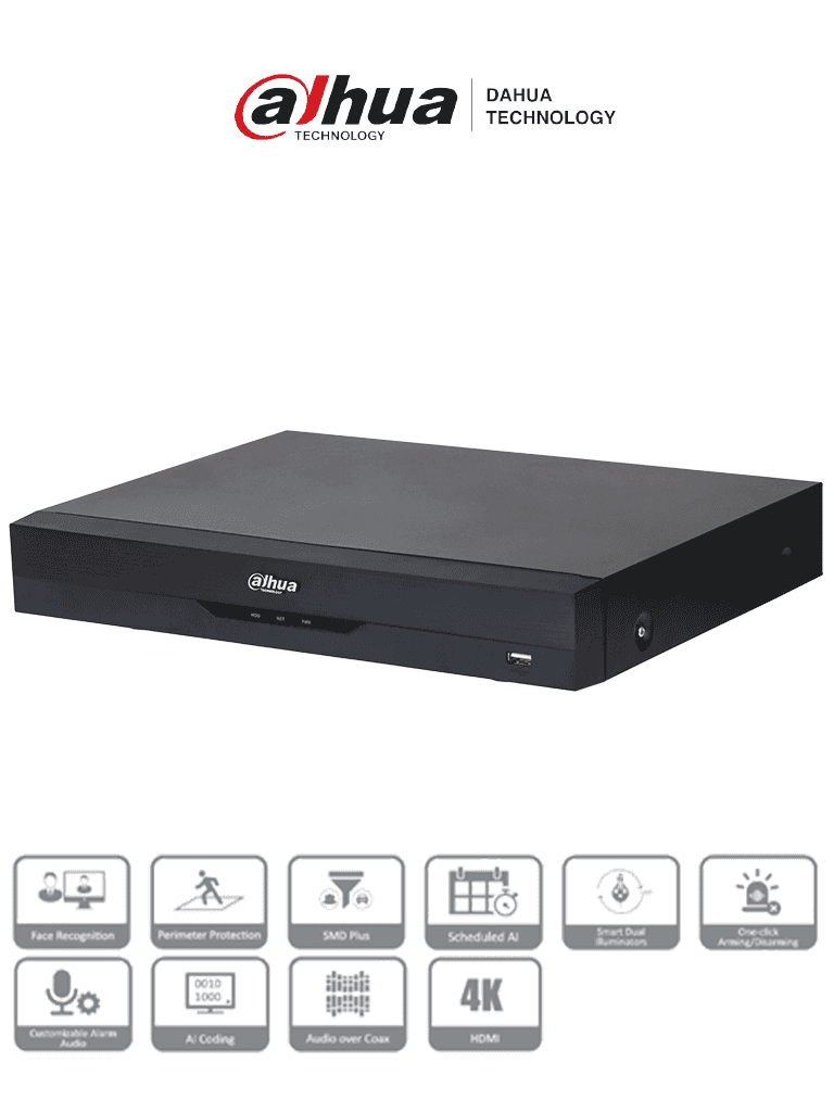 DAHUA XVR5116HE-4KL-I3 - DVR 16 Canales 4K con IA, WizSense, H.265+, 16 Canales + 16 IP (32 Ch máx.), Reconocimiento Facial, SMD Plus, Protección Perimetral, 16&3 E&S Alarma, 1 Puerto SATA. - DAHUA - DVR's HD 16+ Canales - DHT0370034