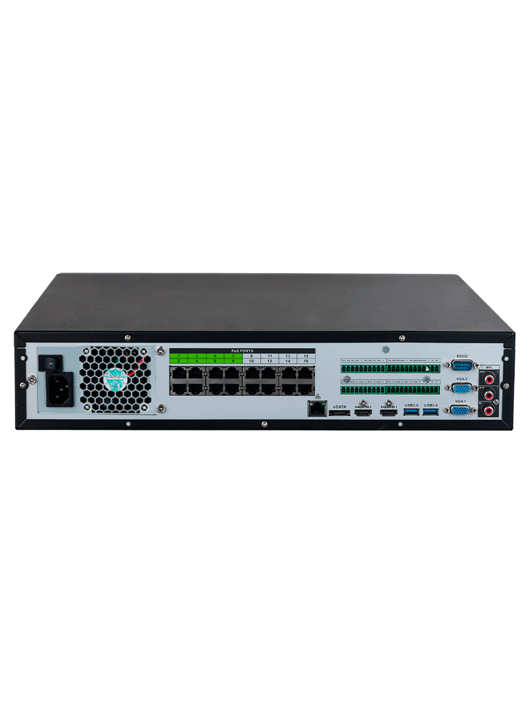 DAHUA DHI-NVR5832-16P-EI -NVR de 32 canales IP 4K con 16 puertos PoE y 8 puertos ePoE. Ofrece tecnología Acupick, detección y reconocimiento facial, SMD, 8 bahías para discos duros y admite RAID 0/1/5/6/10, con un ancho de banda de 384 Mbps. - vista 3