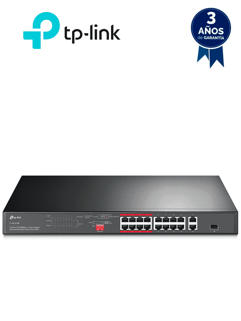 TP-LINK TL-SL1218P - Switch PoE+ no administrable con 16 puertos 10/100 Mbps, 2 puertos 10/100/1000 Mbps y 1 puerto SFP. Incluye 8 puertos extensores PoE (hasta 250 m), capacidad de 150W, diseñado para vigilancia IP. - TP-LINK - Switches POE - TPL3720021