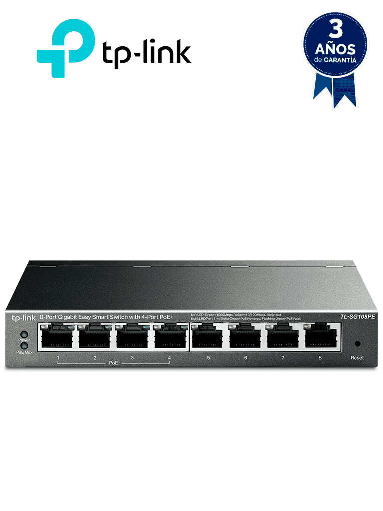 TP-LINK TL-SG108PE - Easy Smart Switch PoE JetStream con 8 puertos de 10/100/1000 Mbps y una capacidad de suministro de 64 W. - TP-LINK - Switches POE - TPL3720010