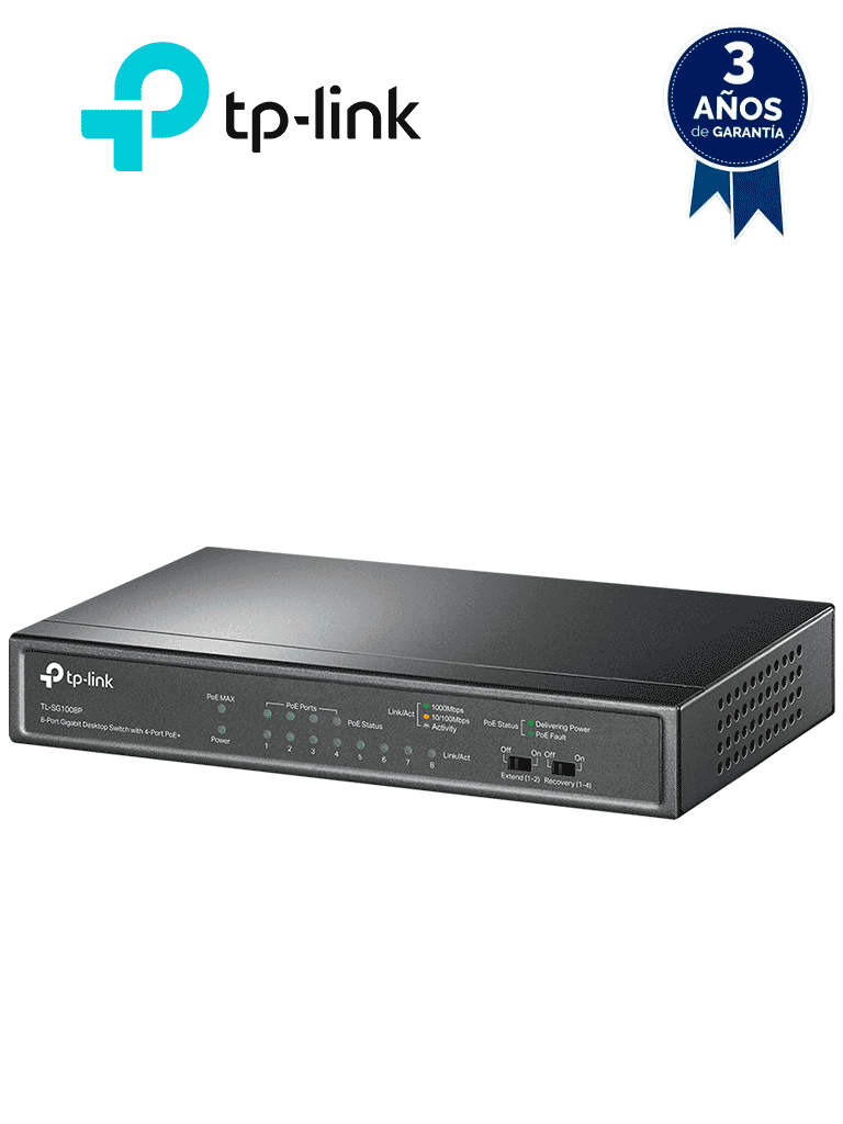 TP-LINK TL-SG1008P - Switch Gigabit PoE+ no administrable de 8 puertos 10/100/1000 Mbps, solo 4 puertos PoE, ideal para escritorio - TP-LINK - Switches POE - TPL3720005