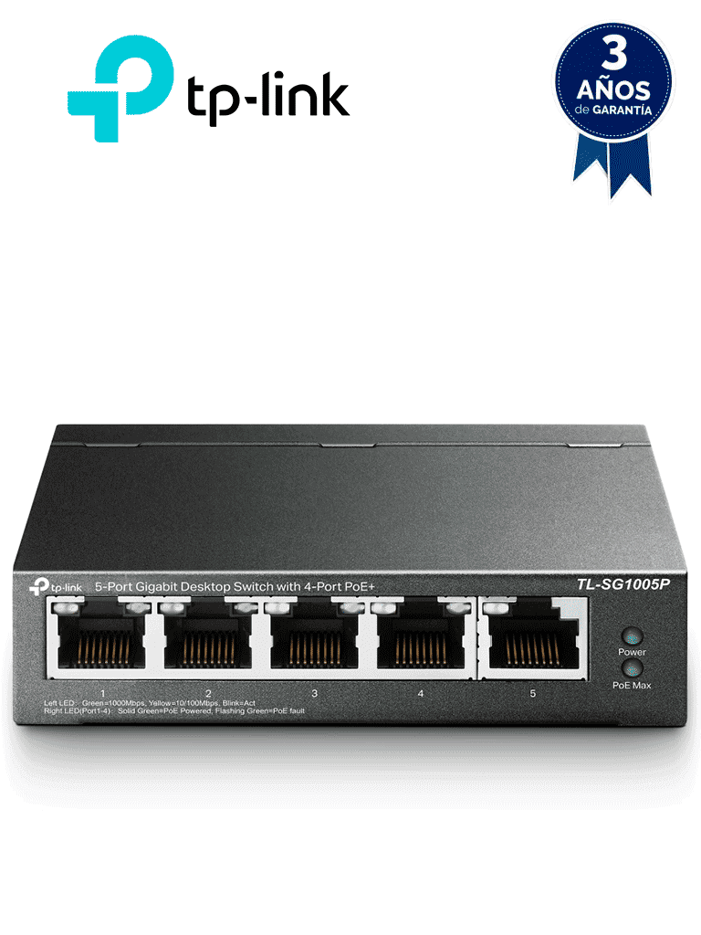 TP-LINK TL-SG1005P - Switch Escritorio No Administrable de 5 puertos 10/100/1000 Mbps, con 4 puertos PoE 802.3af/at de hasta 65 W y PoE Extendido hasta 250 metros. - TP-LINK - Switches POE - TPL3720002
