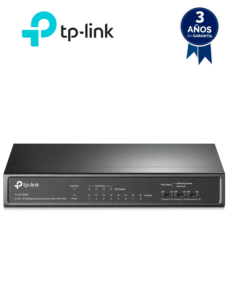 TP-LINK TL-SF1008P -Switch PoE no administrable con 8 puertos Fast Ethernet, que incluye 4 puertos PoE AF y AT. Ofrece un presupuesto PoE de hasta 66W y soporta modo extendido para conexiones de hasta 250m de longitud. - TP-LINK - Switches POE - TPL3720008