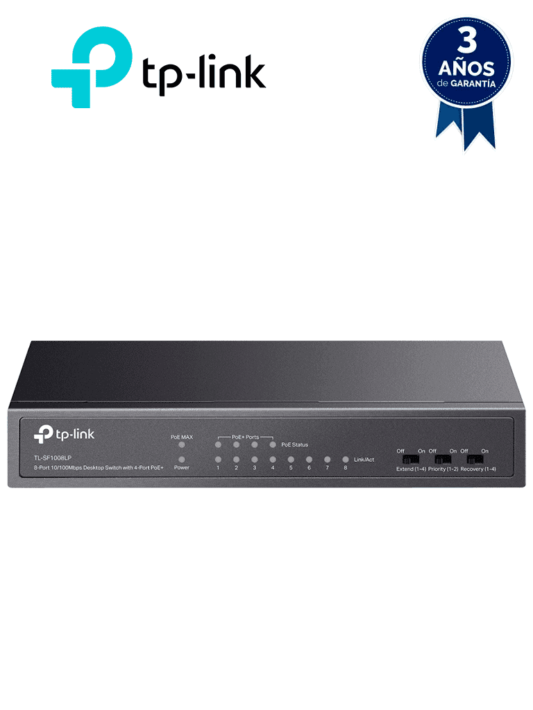 TP-LINK TL-SF1008LP - Switch PoE no administrable con 8 puertos Fast Ethernet, incluidos 4 puertos PoE AF. Ofrece un presupuesto PoE de hasta 41W y soporta modo extendido para conexiones de hasta 250m. - TP-LINK - Switches POE - TPL3720007