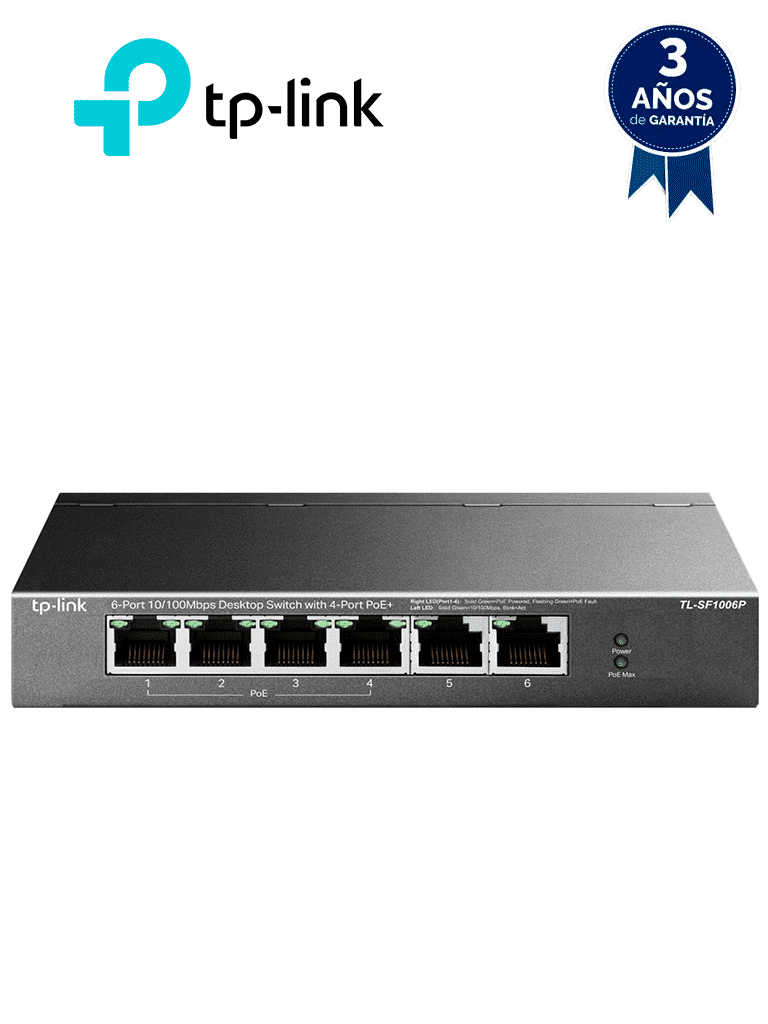 TP-LINK TL-SF1006P -  Switch PoE no administrable con 6 puertos Fast Ethernet, incluyendo 4 puertos PoE AF y AT. Suministro PoE hasta 67W y modo extendido para conexiones de hasta 250m. - TP-LINK - Switches POE - TPL3720006
