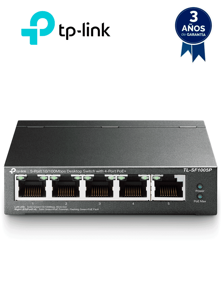 TP-LINK TL-SF1005P - Switch PoE no administrable con 5 puertos Fast Ethernet, incluyendo 4 puertos PoE AF. Suministro PoE hasta 67W y modo extendido para conexiones de hasta 250m. - TP-LINK - Switches POE - TPL3720004