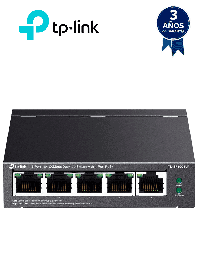 TP-LINK TL-SF1005LP -  Switch PoE no administrable con 5 puertos Fast Ethernet, incluyendo 4 puertos PoE AF. Presupuesto PoE de hasta 41W y modo extendido para conexiones de hasta 250m. - TP-LINK - Switches POE - TPL3720001