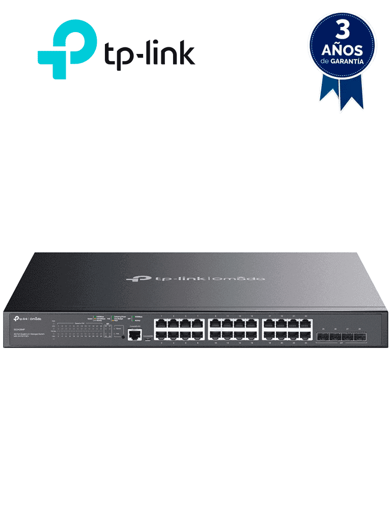 TP-LINK SG3428MP -  Switch L2+ Omada PoE+ con 24 puertos PoE+ 10/100/1000 Mbps, 4 puertos SFP 1G, consola RJ45 y microUSB, además gestión centralizada Omada o Stand-Alone, con soporte Multicast IGMP, QoS y presupuesto PoE 384W. - TP-LINK - Switches POE - TPL3720018