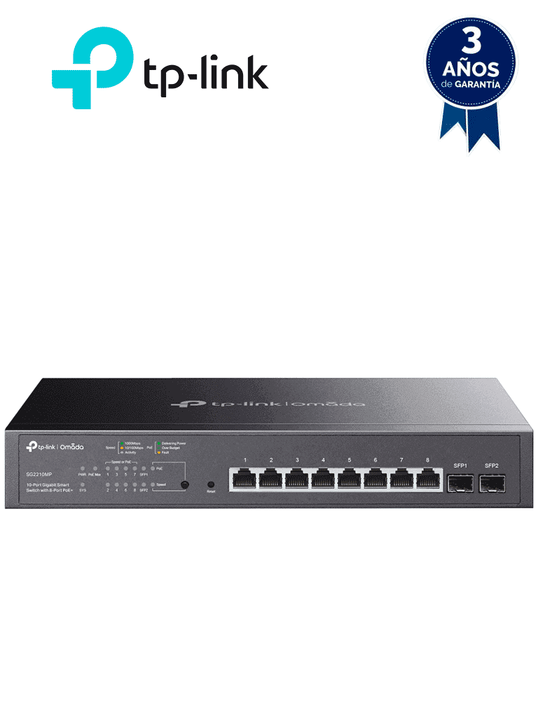 TP-LINK SG2210MP - Switch JetStream SDN administrable con 8 puertos 10/100/1000 Mbps y 2 puertos SFP, equipado con 8 puertos PoE y un presupuesto total de 150W. Permite administración centralizada a través de OMADA SDN." - TP-LINK - Switches POE - TPL3720015