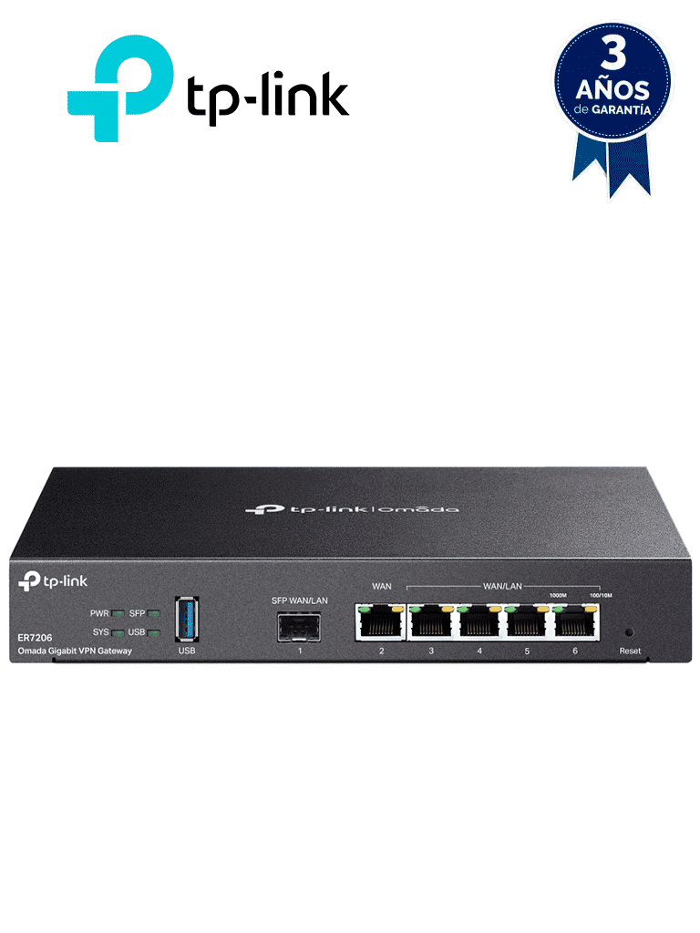 TP-LINK ER7206- Router Omada VPN SDN Multi-WAN Gigabit con 1 puerto WAN SFP y 1 puerto WAN RJ45 Gigabit, 2 LAN RJ45 Gigabit y 2 configurables LAN/WAN. Hasta 150,000 sesiones concurrentes y administración centralizada Omada. - TP-LINK - Ruteadores / Firewalls / Balanceadores de carga - TPL3660021