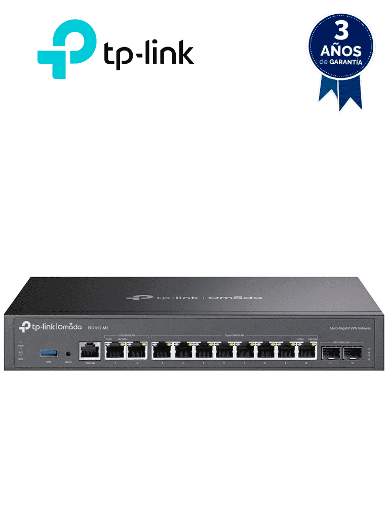 TP-LINK ER7412-M2  - Router VPN Omada Multi-Gigabit , 2 puertos WAN/LAN a 2.5G , 10 puertos Gigabit WAN/LAN (2× SFP, 8× RJ45) , Balanceo de carga hasta 11 puertos WAN , Gestión centralizada en la nube a través de la web o de la aplicación Omada. - TP-LINK - Ruteadores / Firewalls / Balanceadores de carga - TPL3660052