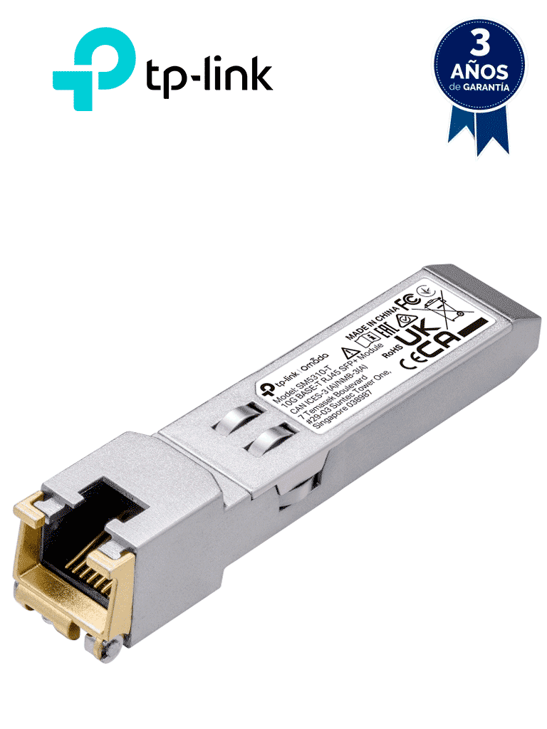 TP-LINK - TL-SM5310-T / Transceptor mini-GBIC SFP / De fibra 10GBASE-T SFP+ a RJ45 Cat 6A Hasta 30 metros / 1000BASE-T SFP+ a RJ45 Cat 5 Hasta 100 metros / Soporta desde 0 a 70 °C - TP-LINK - Transceptores de Fibra - TPL4160005