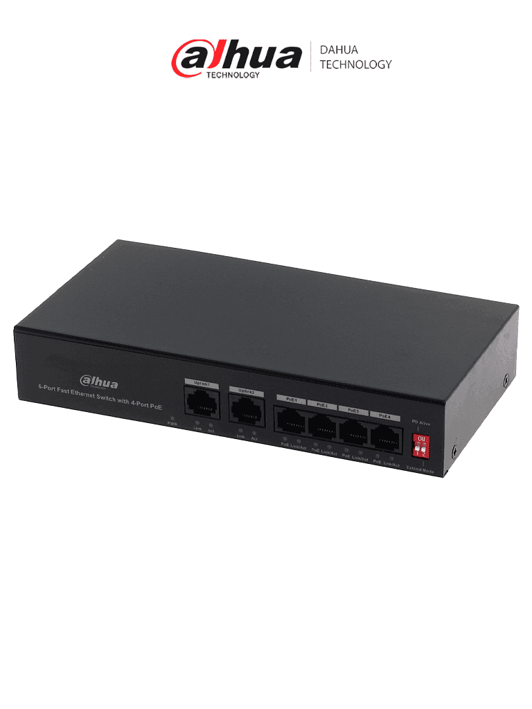 DAHUA PFS3006-4ET-36 - Switch PoE de 6 Puertos Fast Ethernet/4 Puertos PoE 10/100/ 2 Puertos uplink 10/100/ 36 Watts Totales/ Switching 1.2 Gbps/ Tasa de Reenvio de Paquetes .89 Mbps/ con Protección de Descargas - DAHUA - Switches POE - DHT1850008