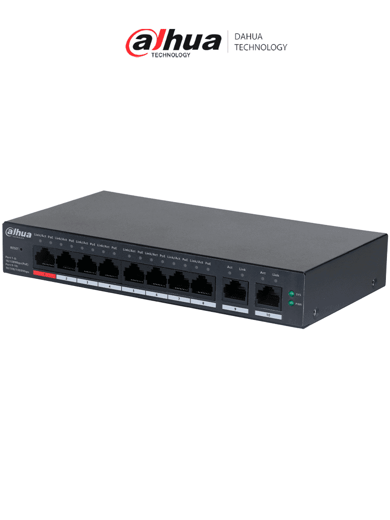 DAHUA CS4010-8ET-110 -  Switch Poe de 10 Puertos/ 8 Puertos PoE 10/100/ 2 Puertos Uplink 10/100/1000/ 110 Watts Totales/ Administrable en la Nube por DoLynk Care/ PoE 250 Metros/ Carcasa Metalica/ Switching 5.6 Gbps/ - DAHUA - Switches POE - DHT3720030