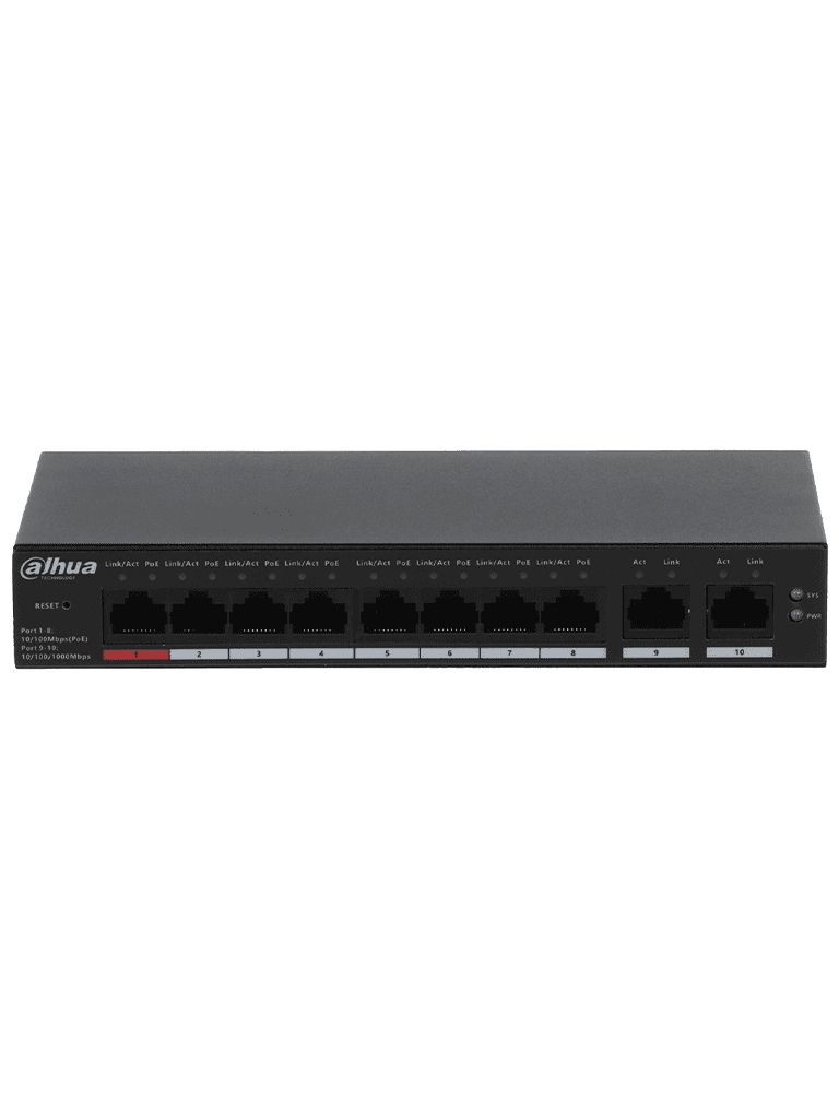 DAHUA CS4010-8ET-110 -  Switch Poe de 10 Puertos/ 8 Puertos PoE 10/100/ 2 Puertos Uplink 10/100/1000/ 110 Watts Totales/ Administrable en la Nube por DoLynk Care/ PoE 250 Metros/ Carcasa Metalica/ Switching 5.6 Gbps/ - vista 2