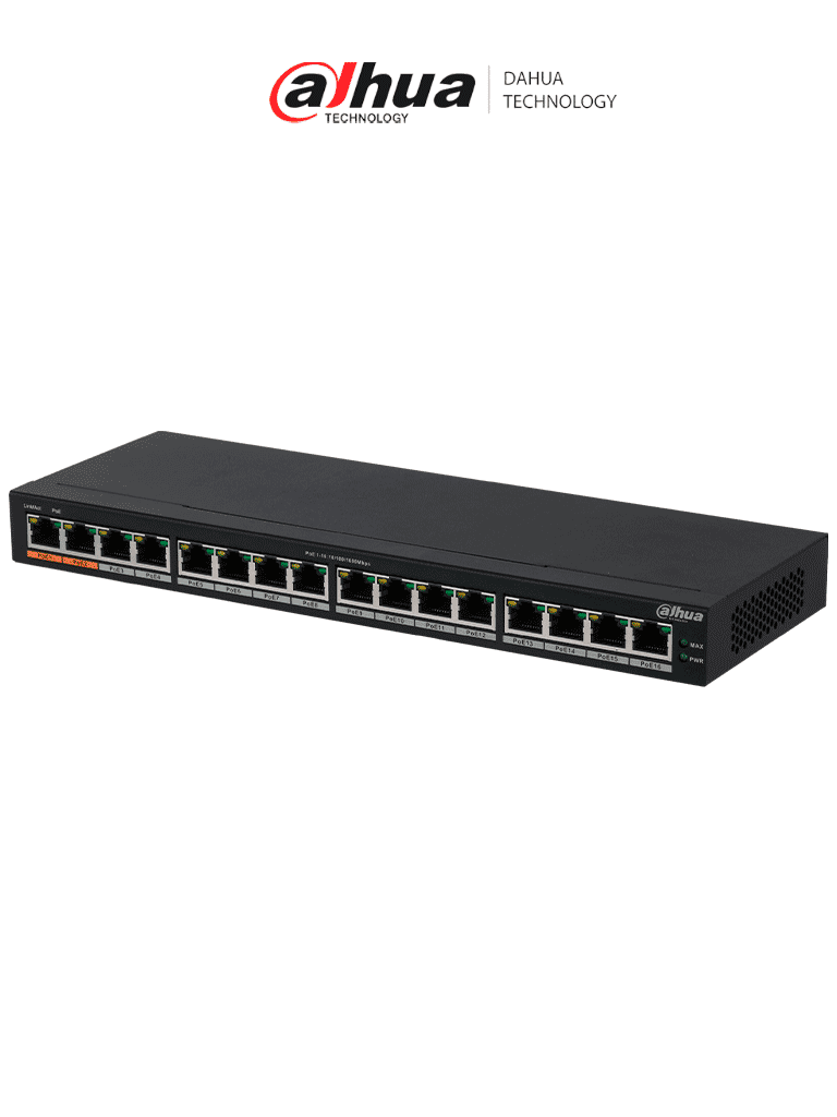 DAHUA DH-PFS3016-16GT-190 - Switch Gigabit PoE de 16 Puertos/ 190 Watts Totales/ Los 2 Puertos Naranjas Soportan Hi-PoE Estandar/ Switching 32 Gbps/ Tasa de Reenvio de paquetes 23.808 Mbps/ Protección Contra Descargas/ - DAHUA - Switches POE - DHT1850012