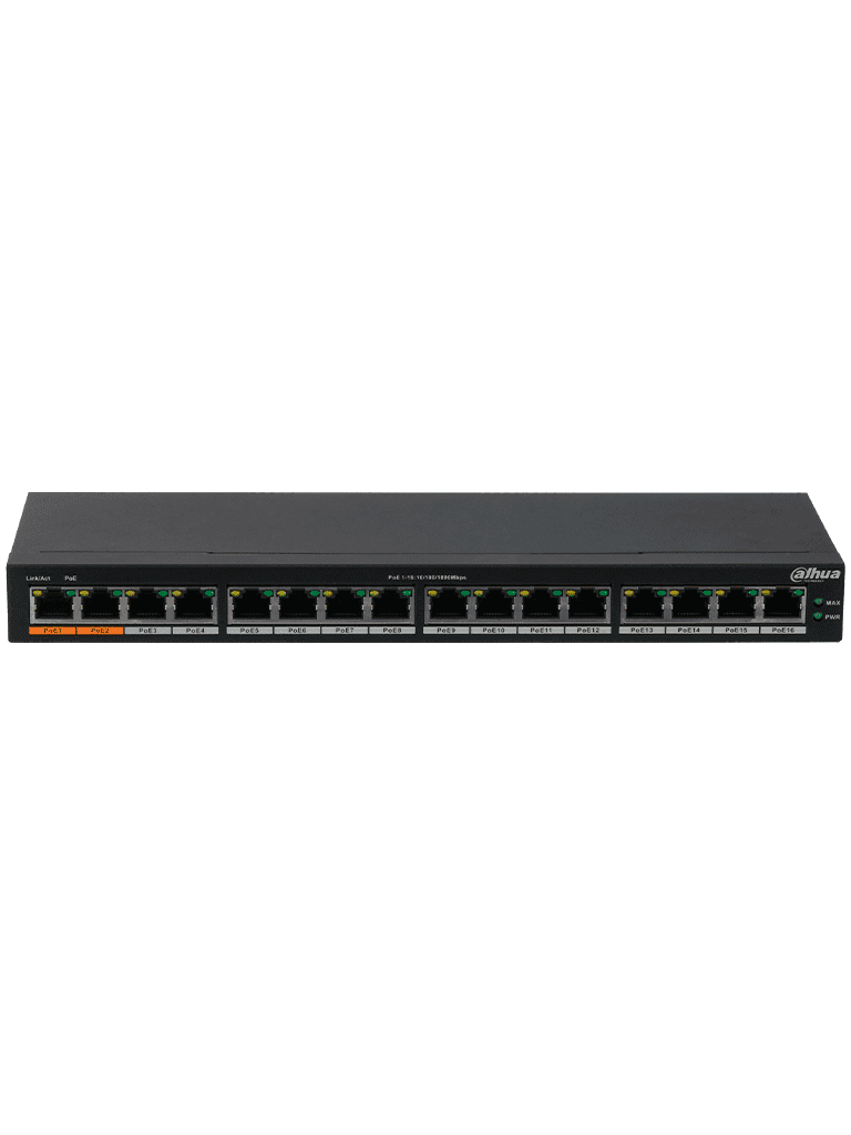 DAHUA DH-PFS3016-16GT-190 - Switch Gigabit PoE de 16 Puertos/ 190 Watts Totales/ Los 2 Puertos Naranjas Soportan Hi-PoE Estandar/ Switching 32 Gbps/ Tasa de Reenvio de paquetes 23.808 Mbps/ Protección Contra Descargas/ - vista 2