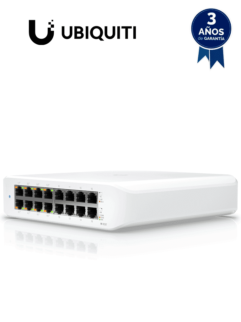 UBIQUITI USW-LITE-16-POE - Switch UniFi Lite, PoE administrable, con 16 puertos 10/100/1000 Mbps y 8 puertos 802.3af/at, con un presupuesto PoE de 45W - UniFi - Switches POE - UBI1850006