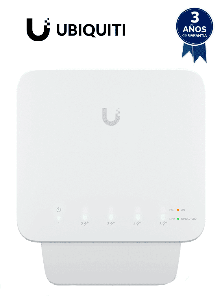 UBIQUITI USW-FLEX Switch UniFi para exterior IP55 de 5 puertos 10/100/1000, con 1 puerto PoE de entrada 802.3af/at/bt y 4 puertos PoE de salida 802.3af. Compatible con Inyector PoE-50-60W y UTP7201GE-PSE60. No incluye inyector PoE. - UniFi - Switches POE - UBI1850005