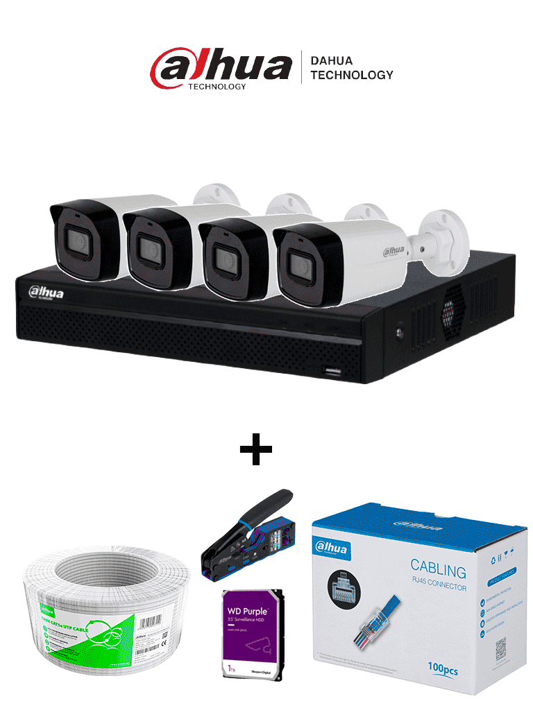 Bundle  NVR+4BulletIP - Compra 1 NVR NVR1104HS-P-S3 de 4 Canales/ 4 cámaras IPC-B1E20 / Bobina de 100m/ Caja con 100 plugs/ Pinza de corte rj45/ Disco Duro 1TB/ - DAHUA - Kits IP - DHT3300005