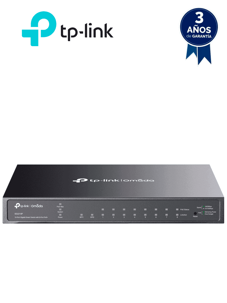 TP-LINK TL-SG2210P - Switch PoE JetStream SDN administrable con 8 puertos 10/100/1000 Mbps y 2 puertos SFP, además de 8 puertos PoE con un presupuesto total de 61W. Ofrece administración centralizada a través de OMADA SDN. - TP-LINK - Switches POE - TPL3720016