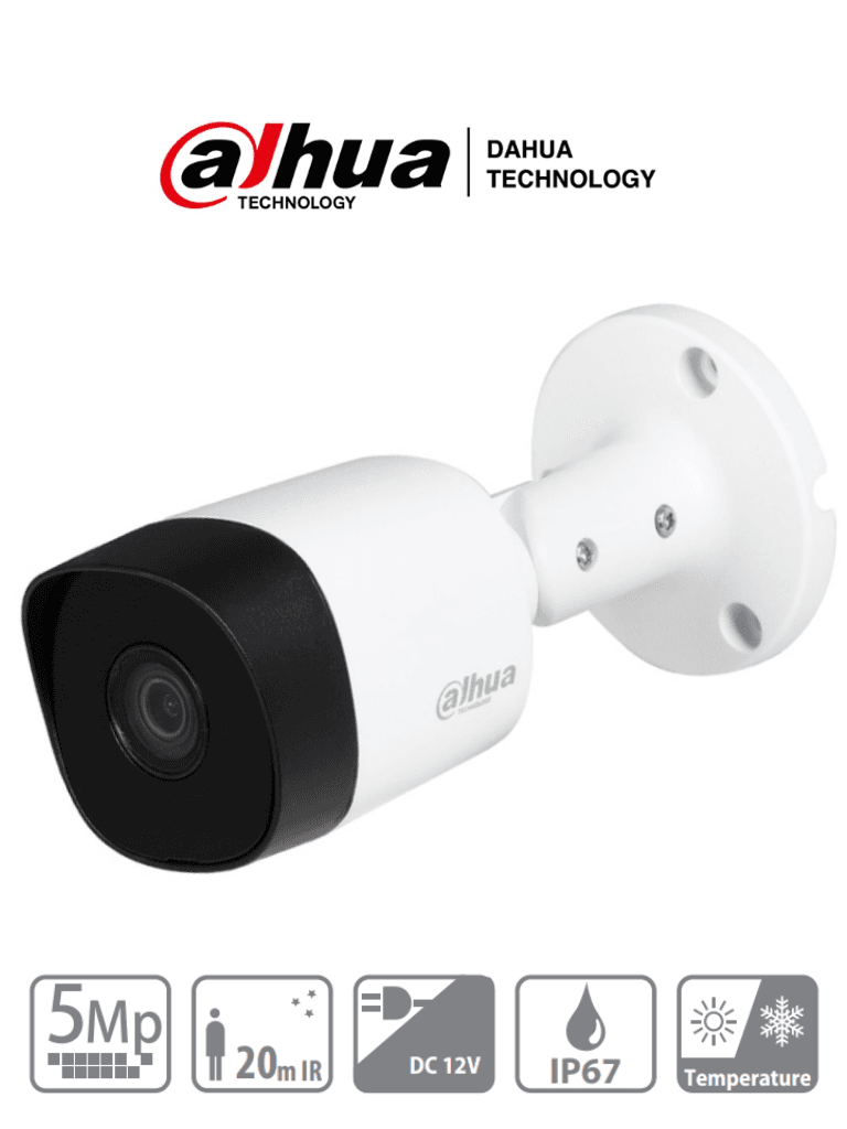 DAHUA HAC-B2A51N-0280B-S2 - Cámara bullet de 5 MP con lente de 2.8 mm y ángulo de visión de 106°. Incorpora IR de 20 m para visión nocturna, resistente IP67, y materiales metálicos. Compatible con CVI, CVBS, AHD y TVI - DAHUA - Bullet - DHT0290034
