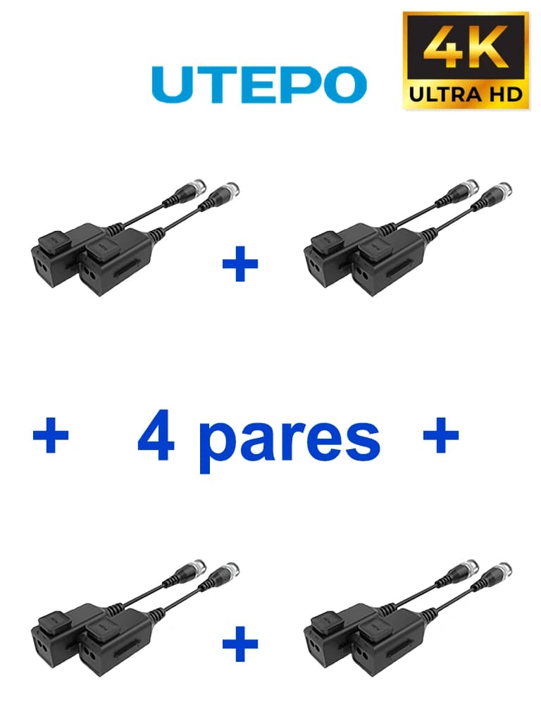 UTEPO UTP101PHD6PAK4 - 4 pares de transceptores pasivos HD, diseño para empalmes ordenados, distancias CVI: 720p a 300m, 1080p a 250m, 4MP a 200m, 4K a 150m - UTEPO - Transceptores - TVT4450042