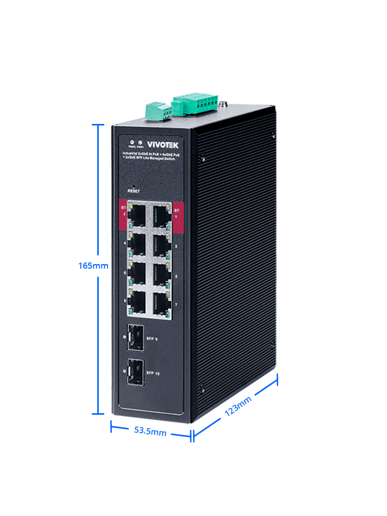 VIVOTEK AWIHB1040EXT - Switch PoE Industrial 8 puertos PoE, Administrable, 2 puertos PoE GbE 90W, 6 puertos GbE 30W, 2 puertos GbE SFP, 300W Totales, Modo PoE Extendido hasta 250 mts, 20Gbps, VLAN. Incluye gabinete para Exterior, IP66, Antivandalico IK10 - vista 3