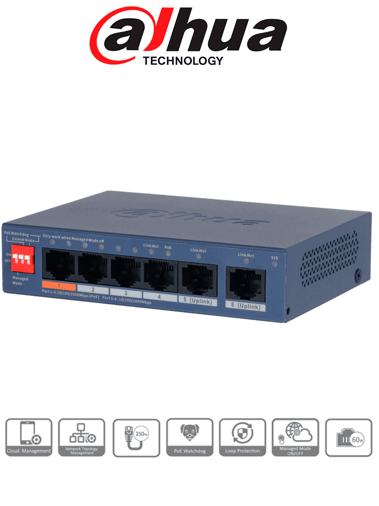 DAHUA DH-CS4006-4GT-60-V2- Switch PoE de 6 Puertos Gigabit/ 4 Puertos PoE 10/100/1000/ 2 Puertos Uplink 10/100/1000/ 60 Watts Totales/ Administrable en la Nube por DoLynk Care/ PoE Hasta 250 Metros/ Carcasa Metalica/ Switching 12 Gbps - DAHUA - Switches POE - DHT3720068