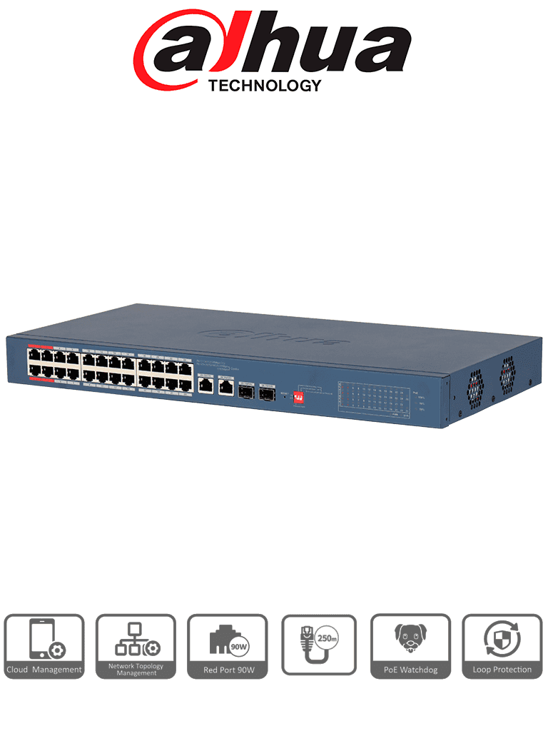 DAHUA DH-CS4226-24ET-240-V2 - Switch PoE de 26 Puertos/ 24 Puertos PoE 10 & 100/ 2Ptos Uplink GE + 2 Puertos SFP/ 2 Ptos PoE de Hasta 90W/ 240 Watts Totales/  Administrable en la Nube por DoLynk Care/ PoE Hasta 250 Metros/ Metal/ Switching 8.8 Gbps - DAHUA - Switches POE - DHT3720071