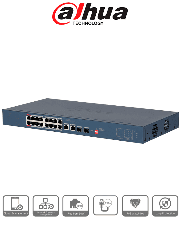 DAHUA DH-CS4218-16ET-135-V2 - Switch PoE de 18 Puertos/ 16 Puertos Poe 10 & 100/ 2 Puertos Uplink G# + 2 Puertos SFP/ 135 Watts Totales/ Administrable en la Nube por DoLynk Care/ PoE Hasta 250 Metros/ Metal/ Switching 7.2 Gbps - DAHUA - Switches POE - DHT3720072