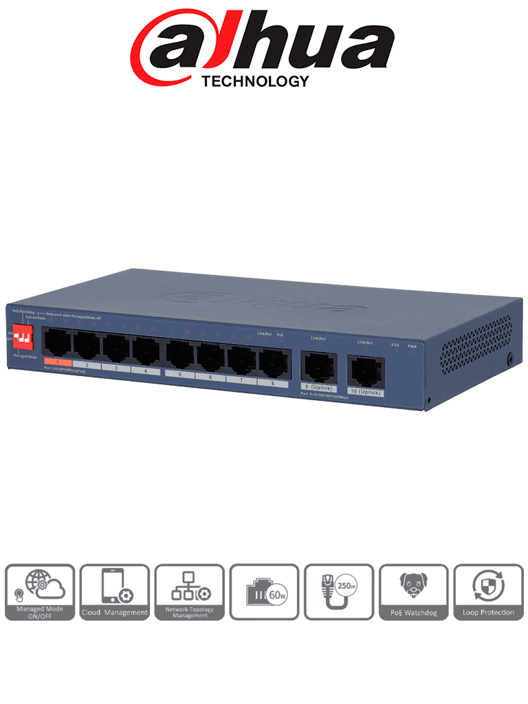 DAHUA DH-CS4010-8ET2GT-60 - Switch PoE de 10 Puertos / 60Watts Totales/ 1 Pto Hasta 60W/ 2 Puertos Uplink GE RJ45/ Switching 4.8Gbps/ Administrable en la Nube por DoLynk Care - DAHUA - Switches POE - DHT3720074