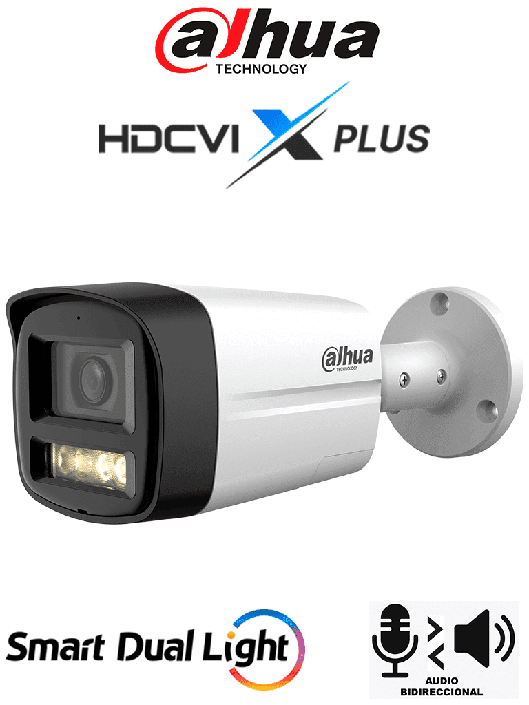 DAHUA DH-HAC-HFW1500TLMN-IL-T - Camara Bullet de 5 Megapixeles/ Audio 2 Vías/ Iluminador Dual Inteligente Mediante IR y Luz Calida/ 3DNR Para Reducción de Ruido en Imagen/ Lente de 2.8mm/ IR de Hasta 40 Mts/ IP67/ Policarbonato + Metal - DAHUA - Bullet - DHT0290118