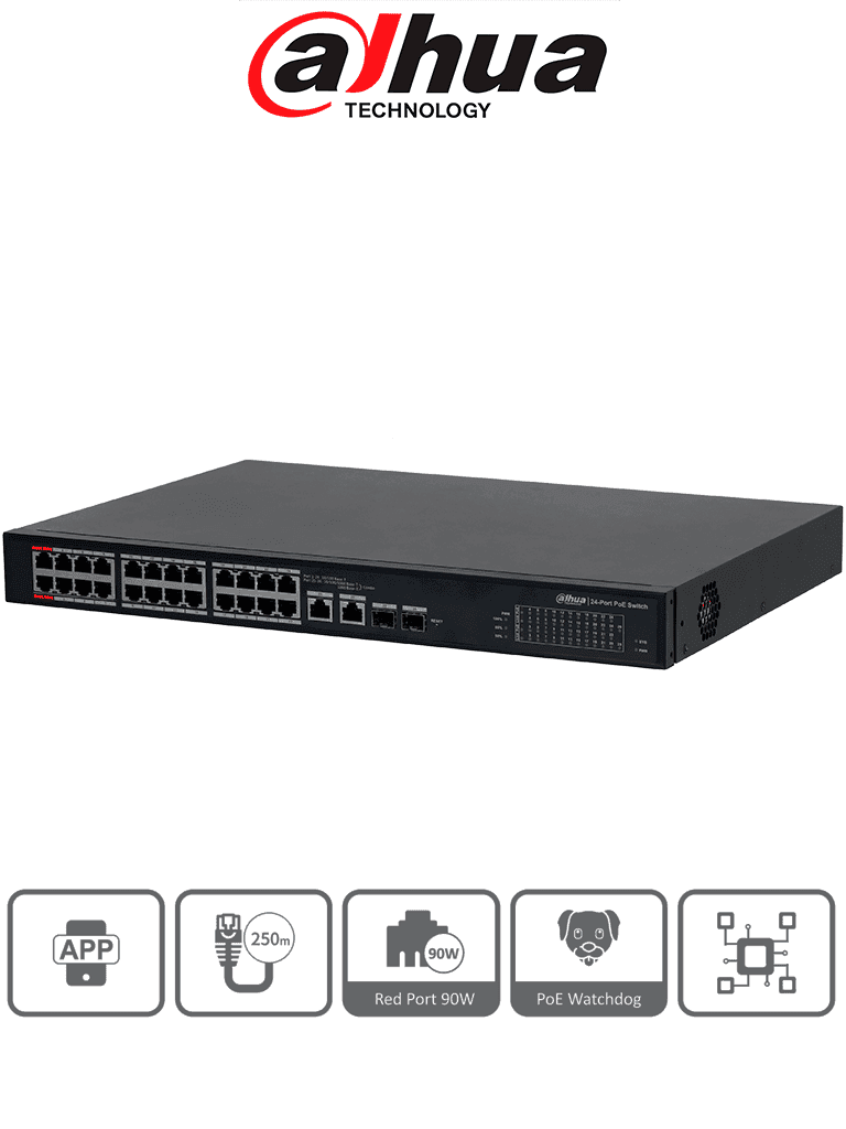 DAHUA DH-S4101-24ET2GF-360-C - Switch Administable en la Nube de 26 puertos/ 24 puertos PoE Hasta 360 Watts/ Hasta 250 mts de Conexión/ PoE watchdog / 10/100 Mbps/ Poe 2.0/ 8.8 Gbps/ 2 Ptos Hasta 90W de Suministro PoE/ Administrable Cloud por Dolink Care - DAHUA - Switches POE - DHT3720026