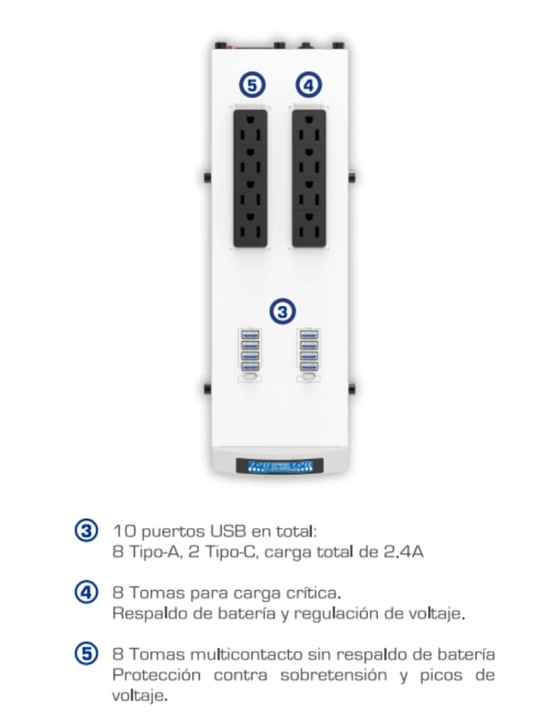 CDP GSMART1516 1500VA/900W UPS Smart, AVR 16 Salidas, Puerto de carga USB (8 USB-A y 2 USB-C), 210 joules, Luz RGB, LCD, 120 Vac - vista 3