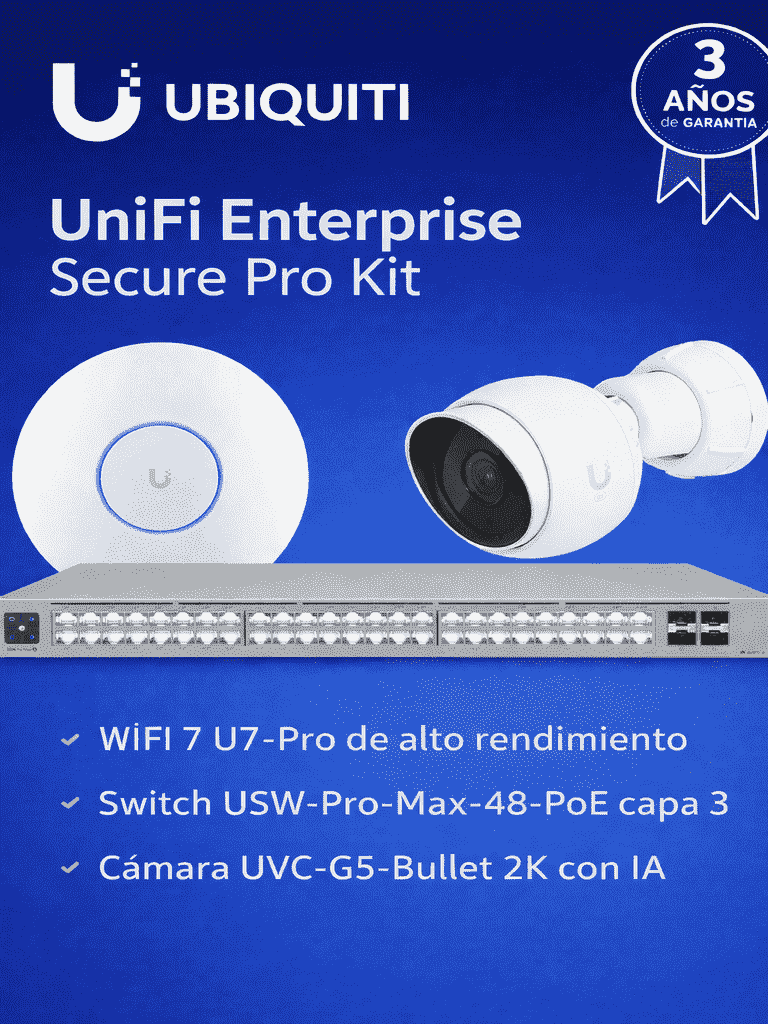 UBIQUITI UniFi Enterprise Secure Pro Kit - Solución integral con U7-PRO WiFi 7 alto desempeño, switch USW-PRO-MAX-48-POE con PoE++ y capa 3, integración de videovigilancia UVC-G5-Bullet 2K con IA, ideal para entornos empresariales de alta densidad. - UniFi - Paquetes - UNI4550001