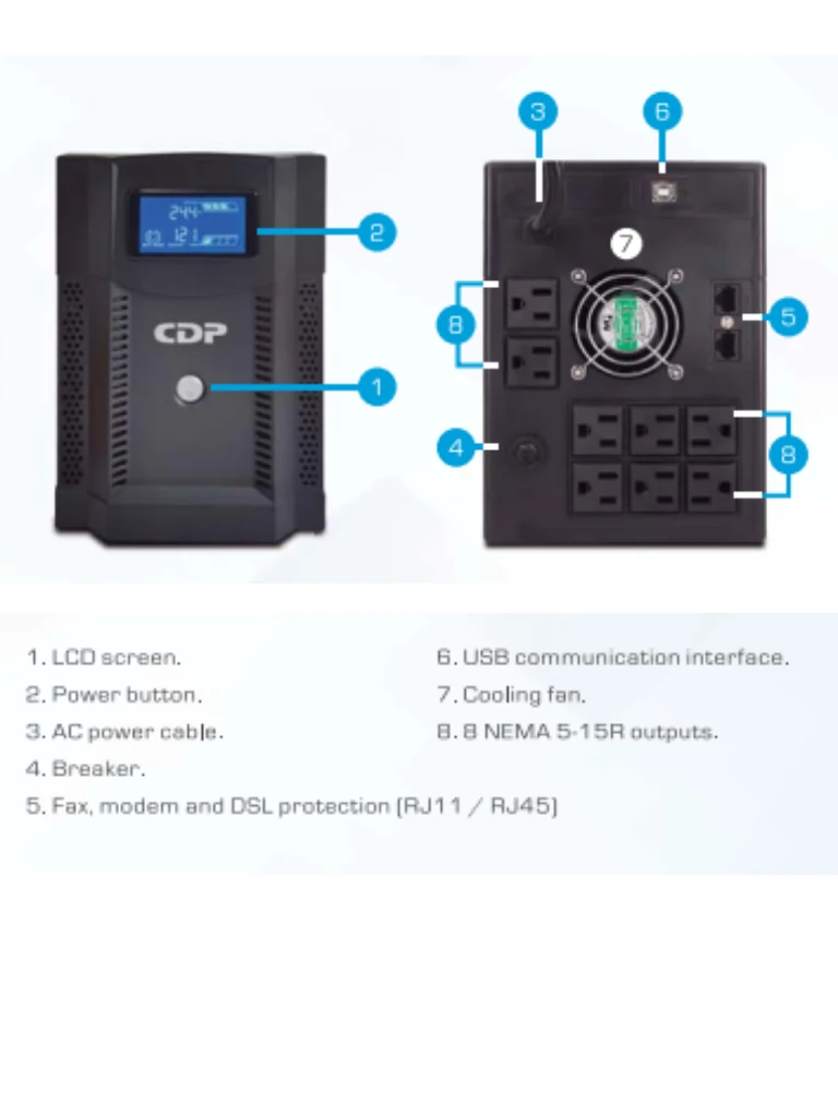 CDP UPRS2008 - UPS de 2000VA y 1400W con onda senoidal pura, baterías de 12V a 9AH x 2, interfaz de comunicación USB, disponible sobre pedido - vista 2