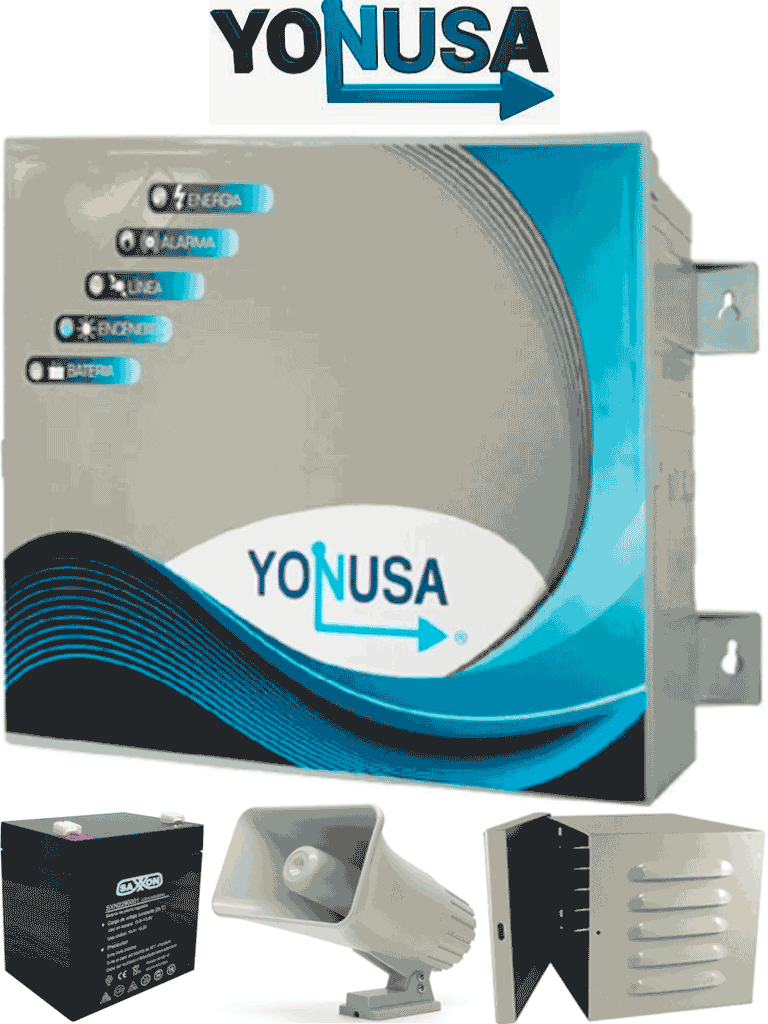 YONUSA EY10000127AFBAT - Paquete de energizador anti plantas o alta frecuencia de 10,00V con hasta 10,000 mts lineales, incluye batería de respaldo de 12VDC a 4.5 AH, sirena de 30W y gabinete metálico - YONUSA  - Energizadores - YON1250016