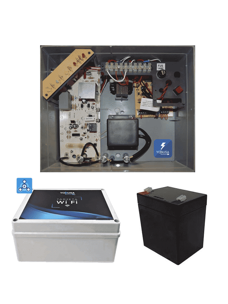 YONUSA PACKEY12000127P - Paquete de energizador de 12,000V para un cerco eléctrico de hasta 3500 mts lineales/ Incluye modulo wifi para manejo y recepción de alertas desde celular/  Batería de respaldo de regalo - YONUSA  - Energizadores - YON1250008