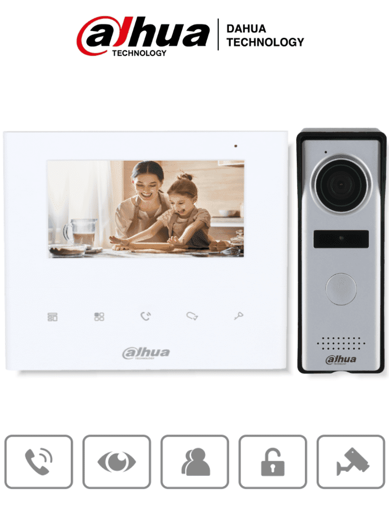 DAHUA DHI-KTA04 - Kit de videoportero analógico con monitor de 4.3" y botones táctiles. Incluye frente de calle con cámara de 1.3 MP, múltiples tonos de timbre personalizables, y función de apertura de puerta para mayor seguridad y comodidad. - DAHUA - Kits de Videoporteros - DHT2390002