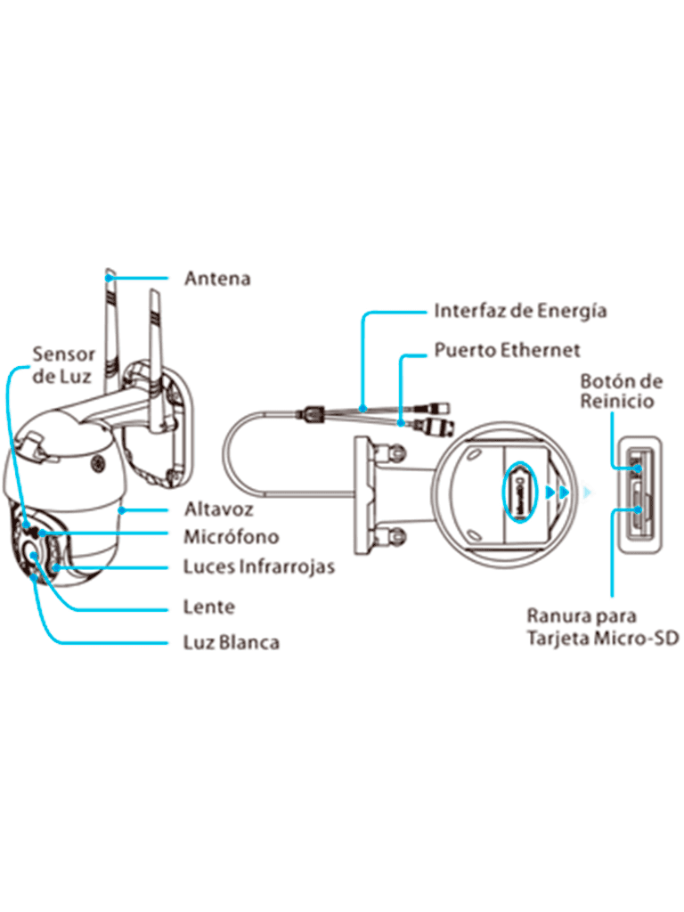 NGTECO NGC4200 - Cámara PTZ WiFi 3MP con lente de 3.6mm, altavoz y micrófono integrados. Audio bidireccional y alcance IR de 20m. Utiliza compresión de vídeo H.265. Compatible con almacenamiento local y en la nube. Funciona con Alexa - vista 2