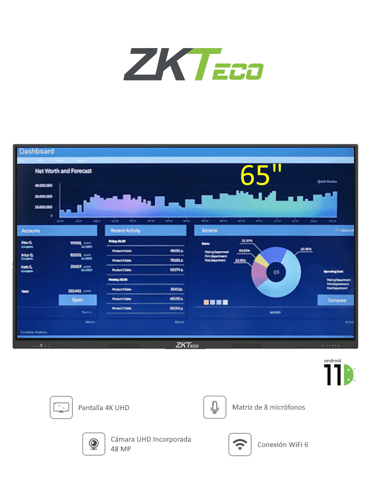 ZKTECO IWB65BMP - Pantalla Digital Interactiva / 65 pulgadas / 4K UHD / Android 11 / Cámara Integrada 48MP / Matriz de 8 Micrófonos / Conexión WiFi / Proyección Inalámbrica / 20 Puntos Táctiles / Windows Opcional ( Requiere Modulo OPS )
