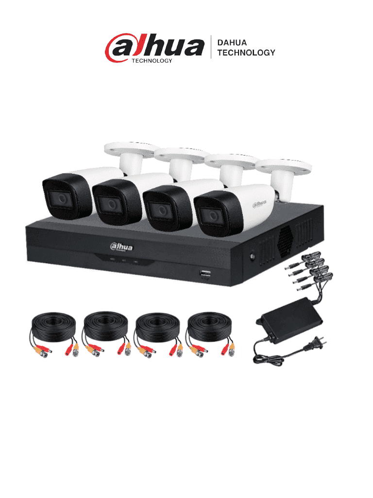 DAHUA KITXVR5104HS4KLI3+4HFW1500CMA- Kit de vigilancia de 4 canales 5 MP con audio y DVR WizSense con reconocimiento facial y H.265+. Soporta 4 canales + 4 IP o hasta 8 IP. Incluye 4 canales SMD Plus para búsqueda de humanos y vehículos