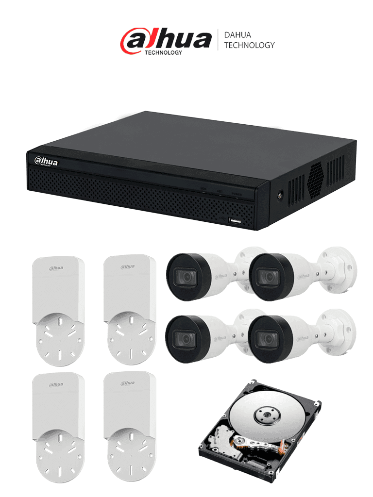 DAHUA KITNVR1104HS-P+4C+4S 1TB- Kit IP de 4 canales con NVR con 4 puertos PoE, 1TB de almacenamiento, y 4 cámaras bullet de 2MP con clasificación IP67. Incluye caja de conexiones PFA12A de policarbonato resistente, ideal para exteriores.