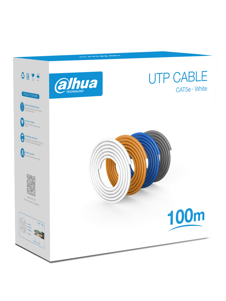 DAHUA PFM920I-5EU-U-100 - Bobina de 100 Mts de Cable UTP Cat5e/ 100% Cobre/ Color Blanco/ Cubierta Retardante de Flama con Certificacación ANSI/ UL CM/ Ideal para Video y Redes/
