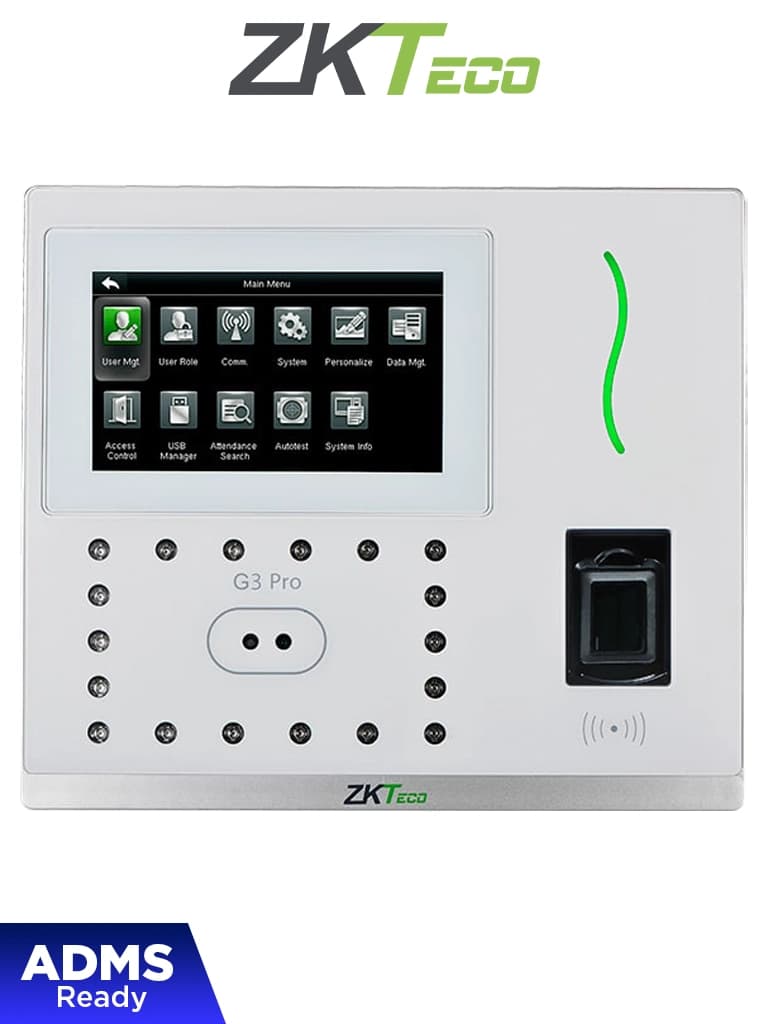 ZKTECO G3PRO -Control de Asistencia y Acceso con Autenticación Facial (12000 Rostros), Huella Digital BioID+ (20000), Tarjeta ID 125 KHz (20000), Verificación Palma (6000), Registro de 200,000 Eventos, Green Label y TCP/IP